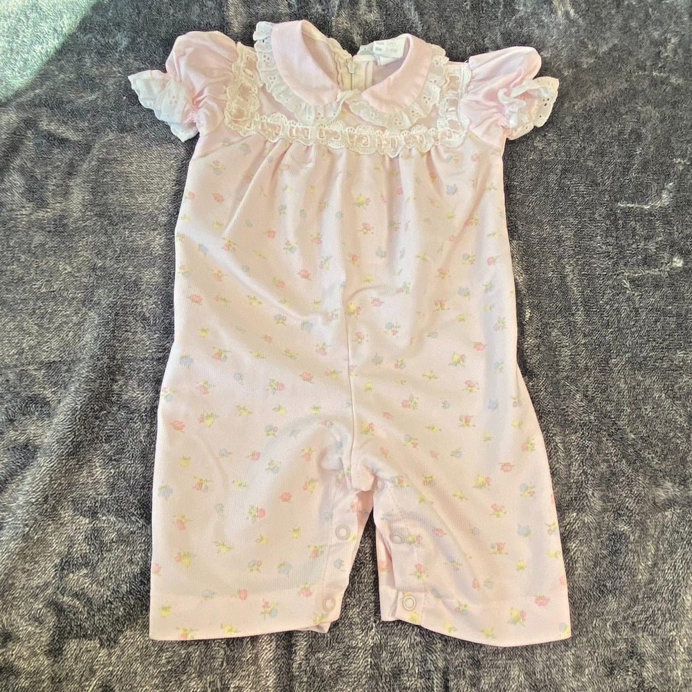 VTG 80s‎ Bryan Baby Girl 3-6mo Pink Floral One Piece Romper Lace Eyelet Trim USA
